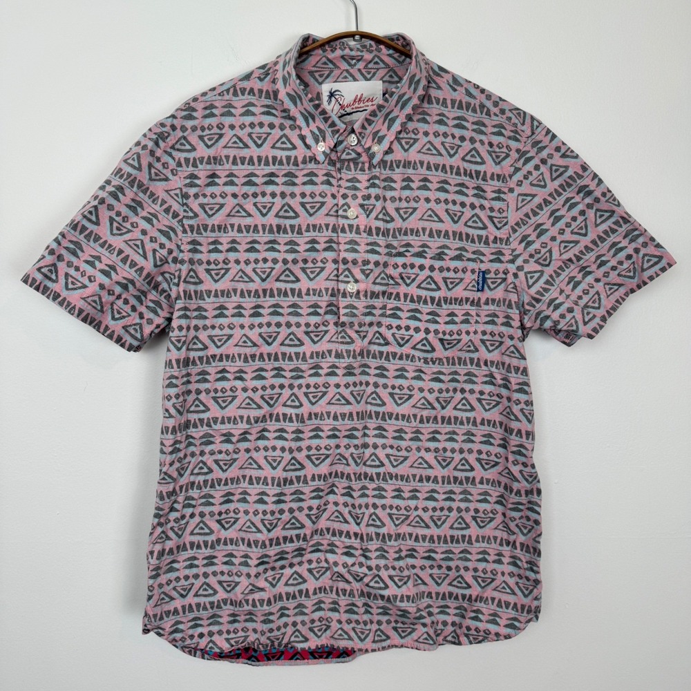 Chubbies Men's Pink‎ Tribal Print Hawaiian Short Sleeve 1/4 Button Shirt Medium